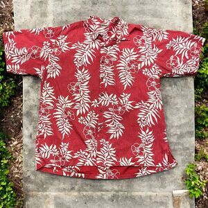 Go Barefoot Hawaiian Casual Button Front Red White Tropical Shirt Men's Size 2XL